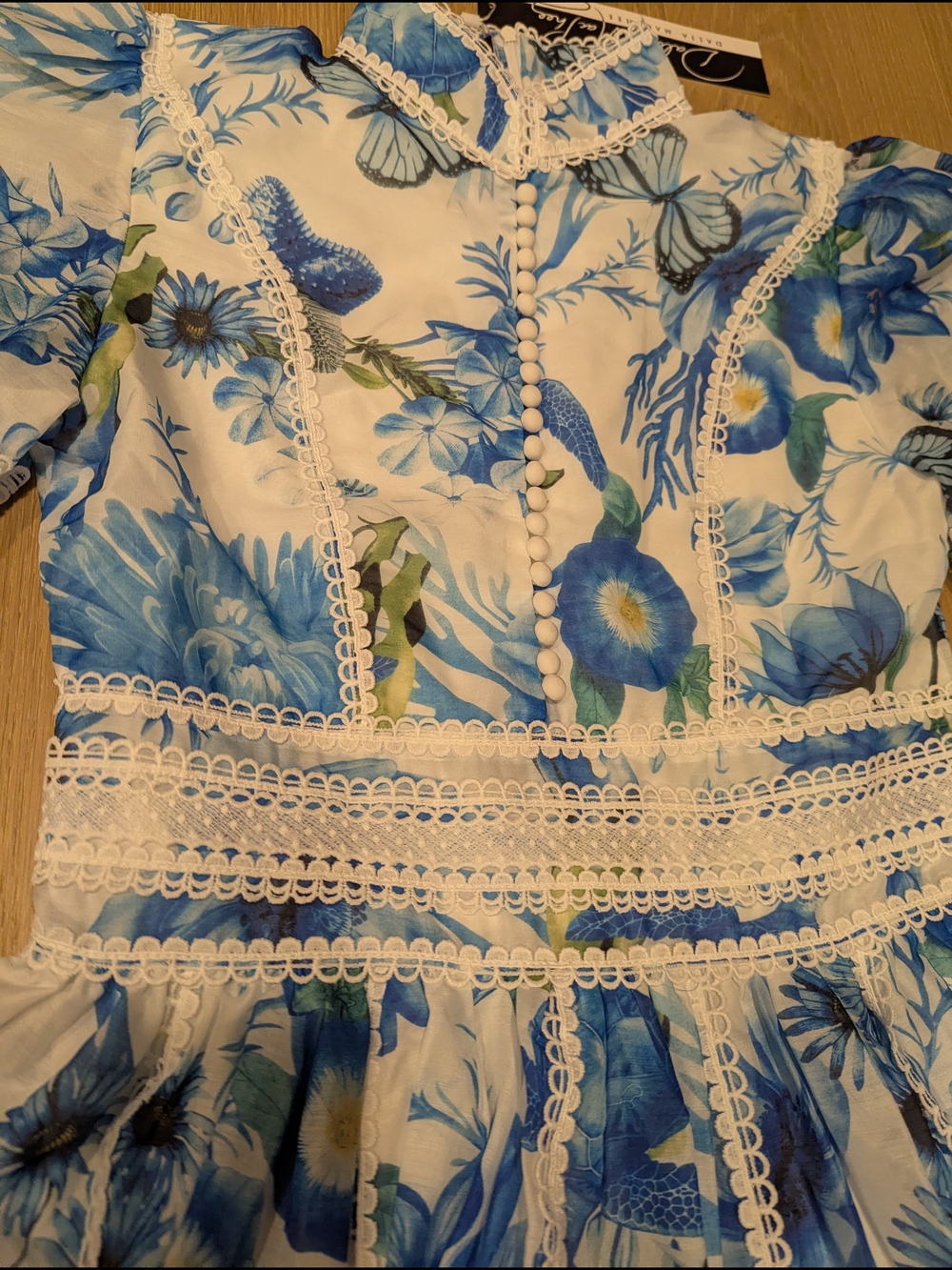 Blue Floral Lace Trim Mini Dress - Picture 3 of 8